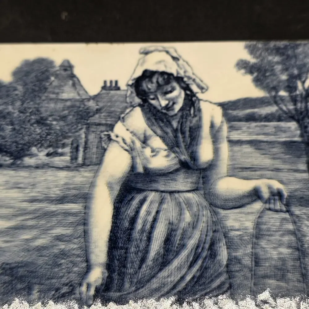 Antique Minton Tile Blue White Transferware Woman at Well Rural Scene